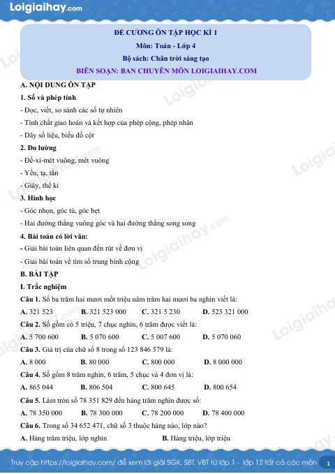 Đề cương ôn tập HK1 Toán 4 Chân trời sáng tạo có đáp án